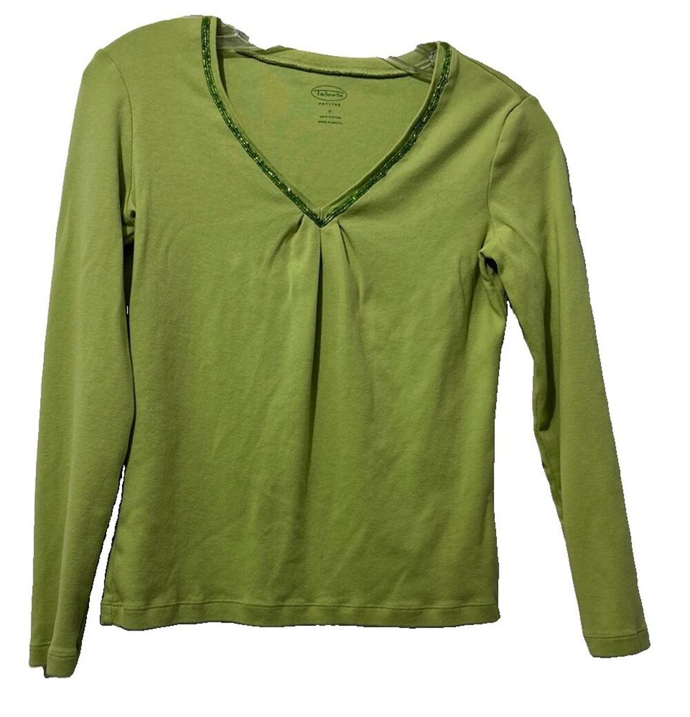 Talbots Petites Long sleeve T-shirt Green Beaded V Neck Size P/XS Cotton Ruched